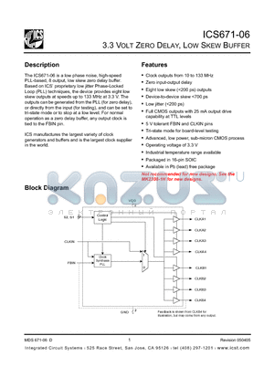 ICS671M-06I datasheet - 3.3 VOLT ZERO DELAY, LOW SKEW BUFFER