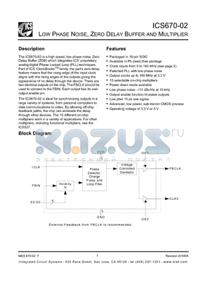 ICS670M-02 datasheet - LOW PHASE NOISE, ZERO DELAY BUFFER AND MULTIPLIER