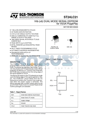 ST24LC21 datasheet - 1Kb x8 DUAL MODE SERIAL EEPROM for VESA Plug&Play