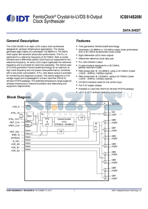 ICS814S208I datasheet - FemtoClock^ Crystal-to-LVDS 8-Output Clock Synthesizer