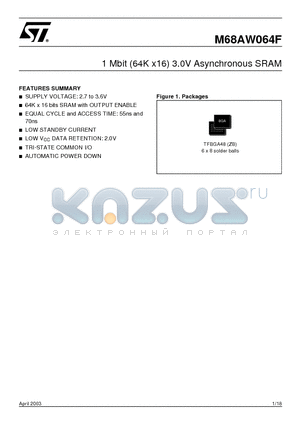 M68AW064FL55ZB6T datasheet - 1 Mbit 64K x16 3.0V Asynchronous SRAM