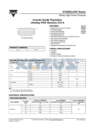 ST303C12LHK1-P datasheet - Inverter Grade Thyristors (Hockey PUK Version), 515 A