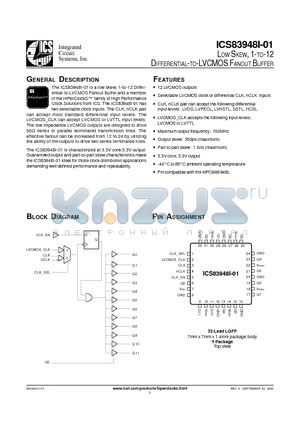 ICS83948AYI-01T datasheet - LOW SKEW, 1-TO-12 DIFFERENTIAL-TO-LVCMOS FANOUT BUFFER