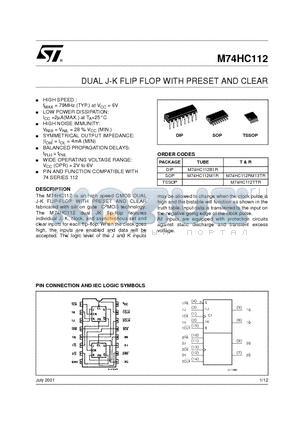 M74HC112TTR datasheet - DUAL J-K FLIP FLOP WITH PRESET AND CLEAR