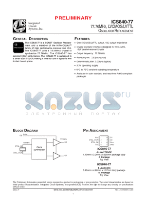 ICS840AM-77T datasheet - 77.76MHZ, LVCMOS/LVTTL OSCILLATOR REPLACEMENT