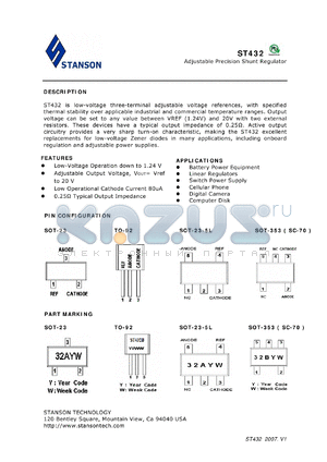 ST432 datasheet - Adjustable Precision Shunt Regulator