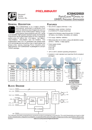 ICS8422002AGILFT datasheet - FEMTOCLOCKS CRYSTAL-TO-LVHSTL FREQUENCY SYNTHESIZER