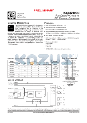 ICS8421004AGIT datasheet - FEMTOCLOCKS CRYSTAL-TO-HSTL FREQUENCY SYNTHESIZER