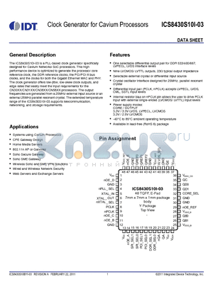 ICS8430S10I-03 datasheet - Clock Generator for Cavium Processors