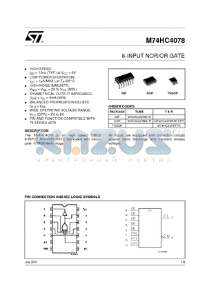 M74HC4078M1R datasheet - 8-INPUT NOR/OR GATE