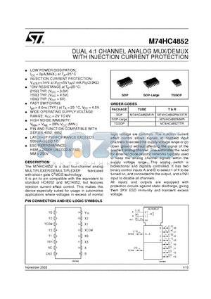 M74HC4852 datasheet - DUAL 4:1 CHANNEL ANALOG MUX/DEMUX WITH INJECTION CURRENT PROTECTION