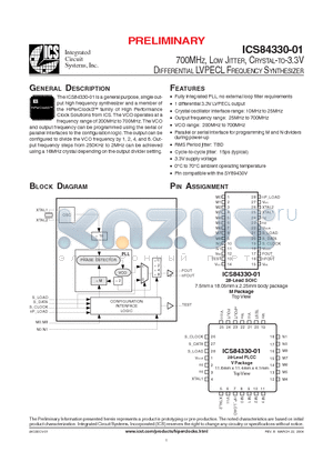 ICS84330CM-01T datasheet - 700MHZ, LOW JITTER, CRYSTAL-TO-3.3V DIFFERENTIAL LVPECL FREQUENCY SYNTHESIZER