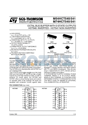 M74HCT541M1R datasheet - OCTAL BUS BUFFER WITH 3 STATE OUTPUTS HCT540: INVERTED - HCT541 NON INVERTED