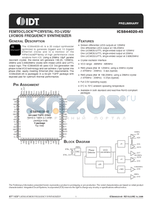 ICS844020-45 datasheet - FEMTOCLOCK CRYSTAL-TO-LVDS/LVCMOS FREQUENCY SYNTHESIZER