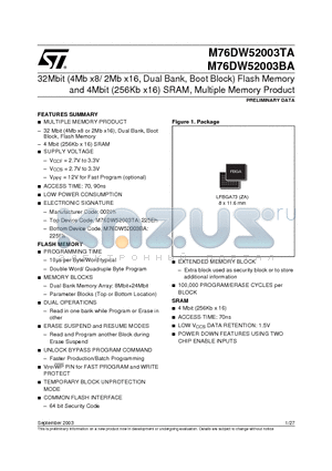 M76DW52003BA70ZT datasheet - 32Mbit (4Mb x8/ 2Mb x16, Dual Bank, Boot Block) Flash Memory and 4Mbit (256Kb x16) SRAM, Multiple Memory Product