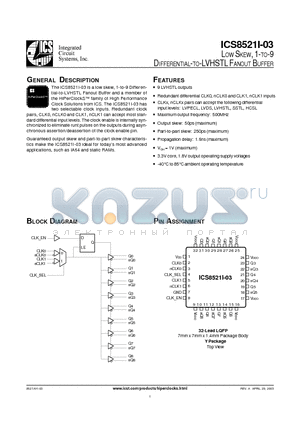 ICS8521I-03 datasheet - LOW SKEW, 1-TO-9 DIFFERENTIAL-TO-LVHSTL FANOUT BUFFER
