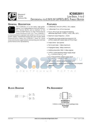 ICS853011BMLF datasheet - LOW SKEW, 1-TO-2 DIFFERENTIAL-TO-2.5V/3.3V LVPECL/ECL FANOUT BUFFER