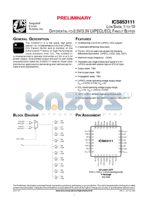 ICS853111AY datasheet - LOW SKEW, 1-TO-10 DIFFERENTIAL-TO-2.5V/3.3V LVPECL/ECL FANOUT BUFFER