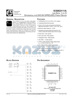 ICS853111AYT datasheet - LOW SKEW, 1-TO-10 DIFFERENTIAL-TO-2.5V/3.3V LVPECL/ECL FANOUT BUFFER