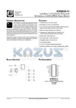 ICS8533-11 datasheet - LOW SKEW, 1-TO-4, CRYSTAL OSCILLATOR/ DIFFERENTIAL-TO-3.3V LVPECL FANOUT BUFFER