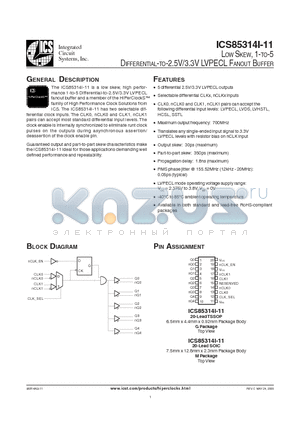 ICS85314AI11 datasheet - LOW SKEW, 1-TO-5 DIFFERENTIAL-TO-2.5V/3.3V LVPECL FANOUT BUFFER