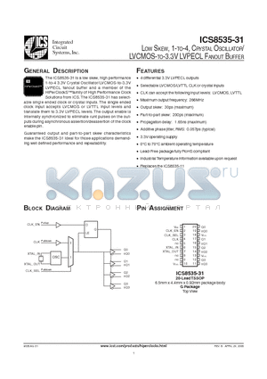 ICS8535AG-31LF datasheet - LOW SKEW, 1-TO-4, CRYSTAL OSCILLATOR/ LVCMOS-TO-3.3V LVPECL FANOUT BUFFER