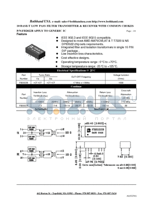 FB2022B datasheet - 10 BASE-T LOW PASS FILTER TRANSMITTER & RECEIVER WITH COMMON CHOKES