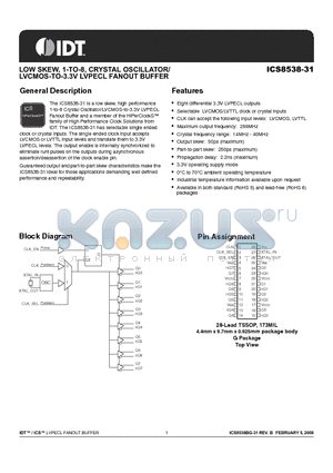 ICS8538BG-31LFT datasheet - LOW SKEW, 1-TO-8, CRYSTAL OSCILLATOR/LVCMOS-TO-3.3V LVPECL FANOUT BUFFER