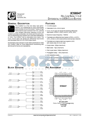 ICS8547AYT datasheet - HEX, LOW SKEW, 1-TO-2 DIFFERENTIAL-TO-LVDS CLOCK BUFFERS