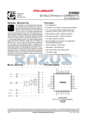 ICS8602BT datasheet - ZERO DELAY, DIFFERENTIAL-TO-LVCMOS/LVTTL