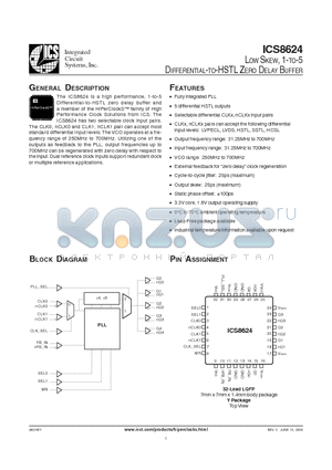 ICS8624BYLFT datasheet - LOW SKEW, 1-TO-5 DIFFERENTIAL-TO-HSTL ZERO DELAY BUFFER