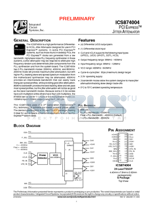 ICS874004AGT datasheet - PCI EXPRESS JITTER ATTENUATOR