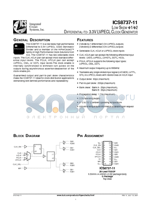 ICS8737-11 datasheet - LOW SKEW 1/2 DIFFERENTIAL-TO- 3.3V LVPECL CLOCK GENERATOR