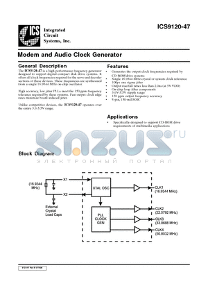 ICS9120-47 datasheet - Modem and Audio Clock Generator