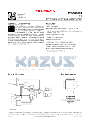 ICS889874AKT datasheet - DIFFERENTIAL-TO-LVPECL BUFFER/DIVIDER
