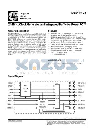 ICS9178Y-03 datasheet - 245 MHz Clock Generator and Integrated Buffer for PowerPC