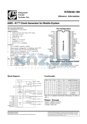 ICS9248-189 datasheet - AMD - K7 Clock Generator for Mobile System