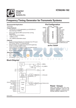 ICS9248-192 datasheet - Frequency Timing Generator for Transmeta Systems