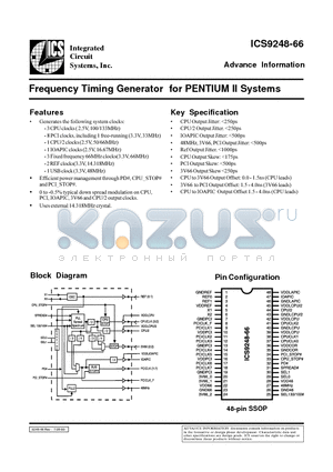 ICS9248YF-66 datasheet - Frequency Timing Generator for PENTIUM II Systems