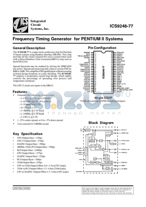 ICS9248YF-77 datasheet - Frequency Timing Generator for PENTIUM II Systems