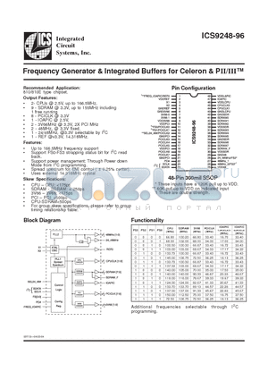 ICS9248YF-96-T datasheet - Frequency Generator & Integrated Buffers for Celeron & PII/III