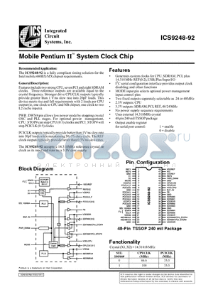 ICS9248YG-92 datasheet - Mobile Pentium IITM System Clock Chip