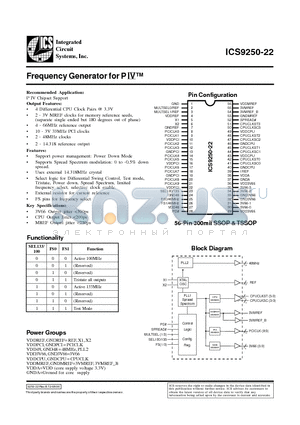 ICS9250YG-22-T datasheet - Frequency Generator for P IV