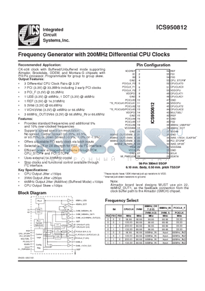 ICS950812YGLFT datasheet - Frequency Generator with 200MHz Differential CPU Clocks