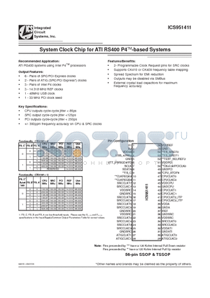 ICS951411YFLFT datasheet - System Clock Chip for ATI RS400 P4TM-based Systems