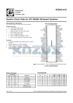 ICS951412YFLFT datasheet - System Clock Chip for ATI RS480 K8-based Systems
