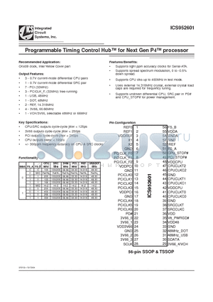 ICS952601 datasheet - Programmable Timing Control Hub for Next Gen P4 processor