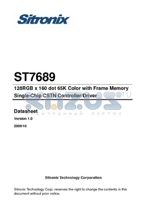 ST7689 datasheet - 128RGB x 160 dot 65K Color with Frame Memory Single-Chip CSTN Controller/Driver