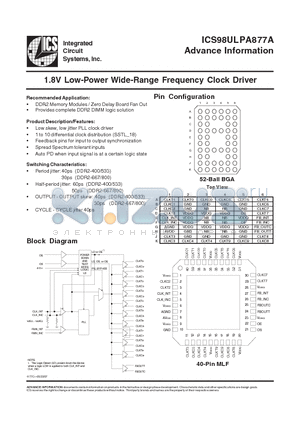 ICS98ULPA877A datasheet - 1.8V Low-Power Wide-Range Frequency Clock Driver