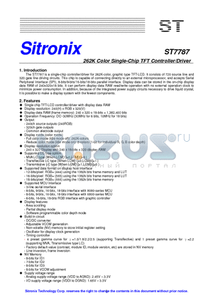ST7787 datasheet - 262K Color Single-Chip TFT Controller/Driver